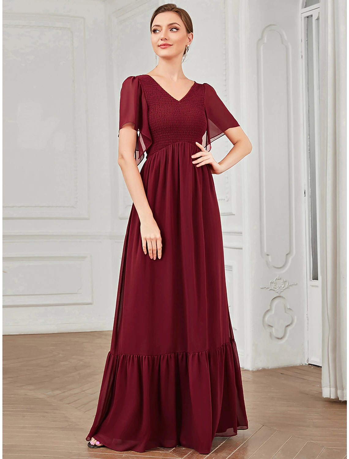 A-Line Prom Dresses Elegant Dress Party Wear Floor Length Short Sleeve V Neck Chiffon with Pleats